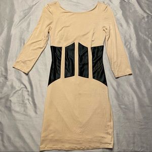 BeBe BodyCon Midi Tan Dress W/Blk detail @ waist